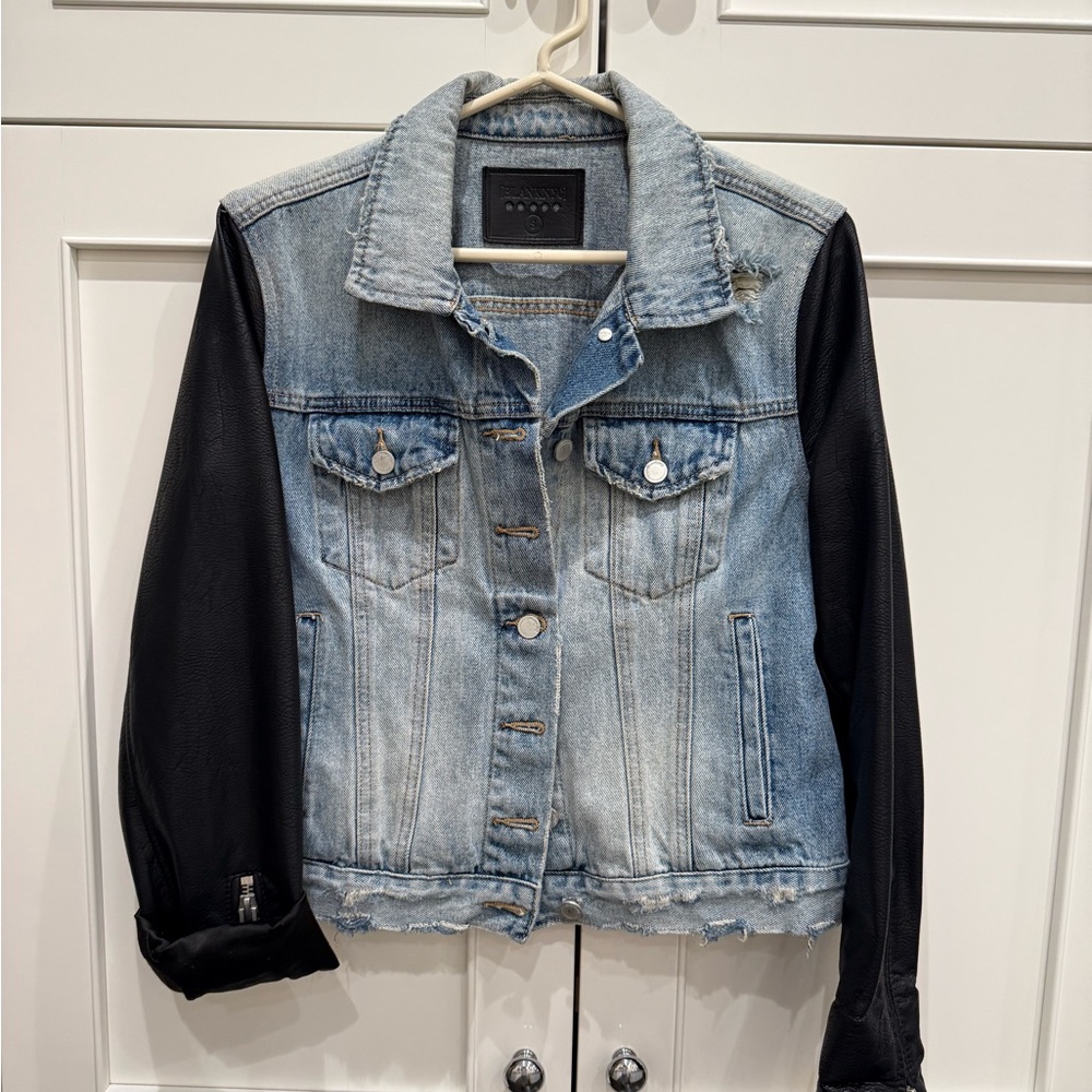 Blank NYC Light Blue Denim Jacket with Black Sleeves
